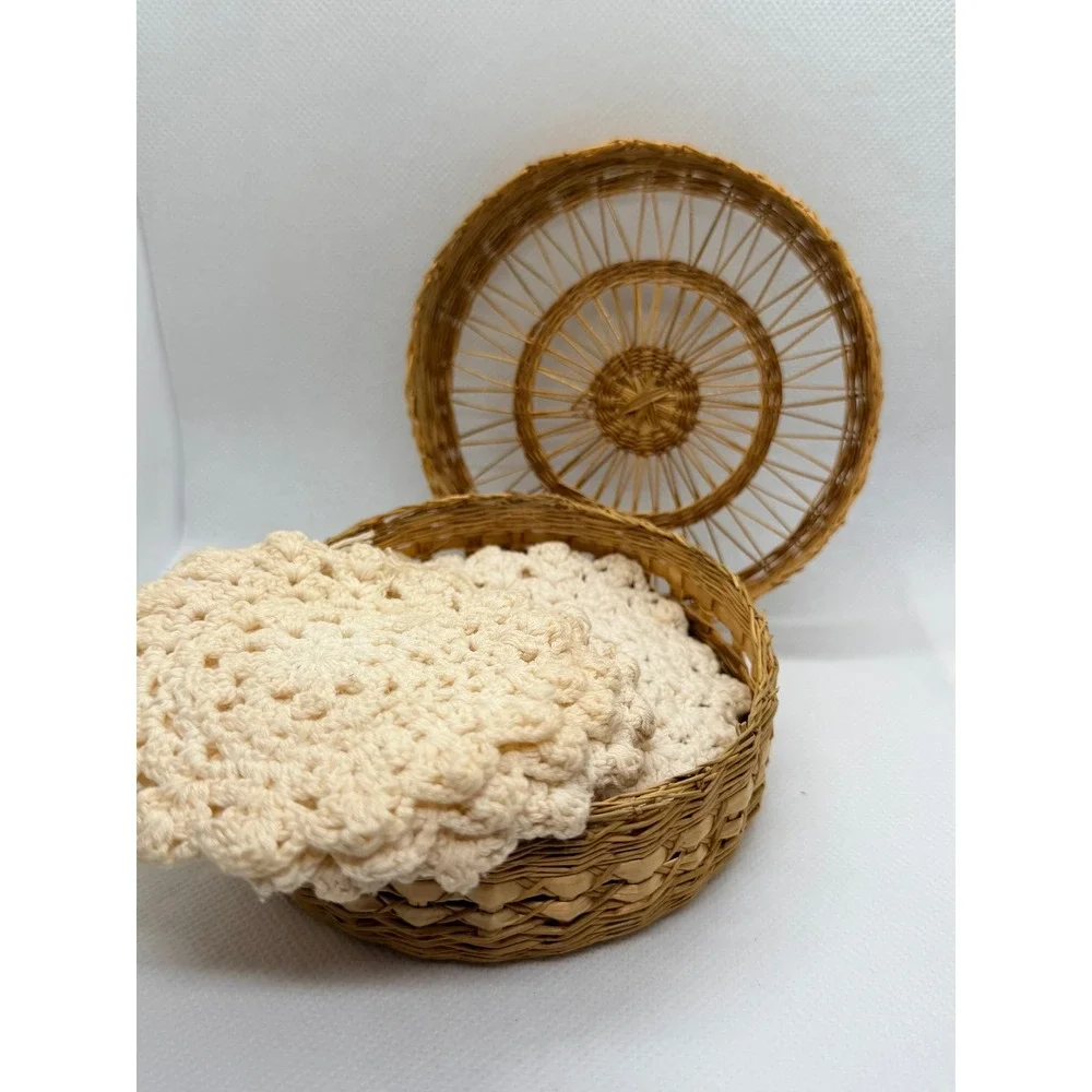 Vintage Hand Crocheted Doily Coasters Set of 9 with Woven Wicker Storage Basket